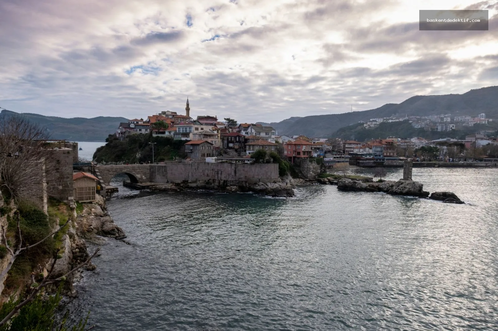Amasra Dedektif traditional coastal town buildings and lush green hills