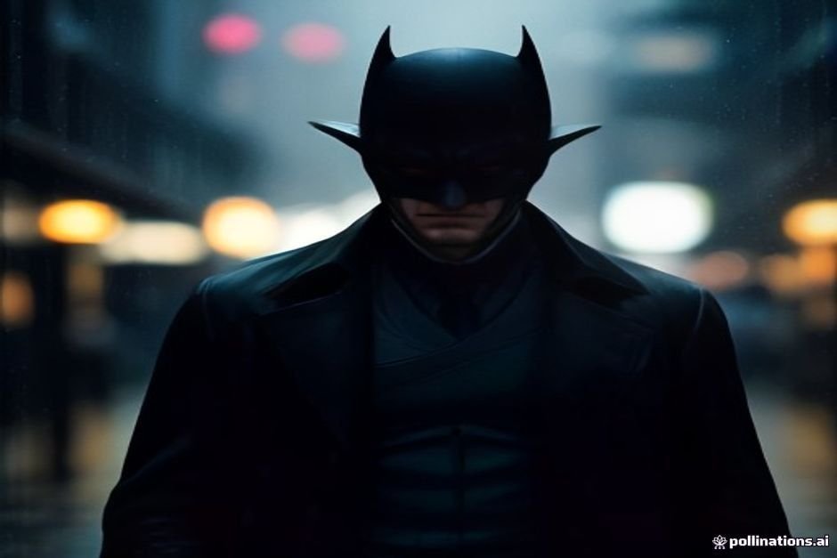 Dedektif Batman yağmurlu şehir sokakında ince gölgelerle