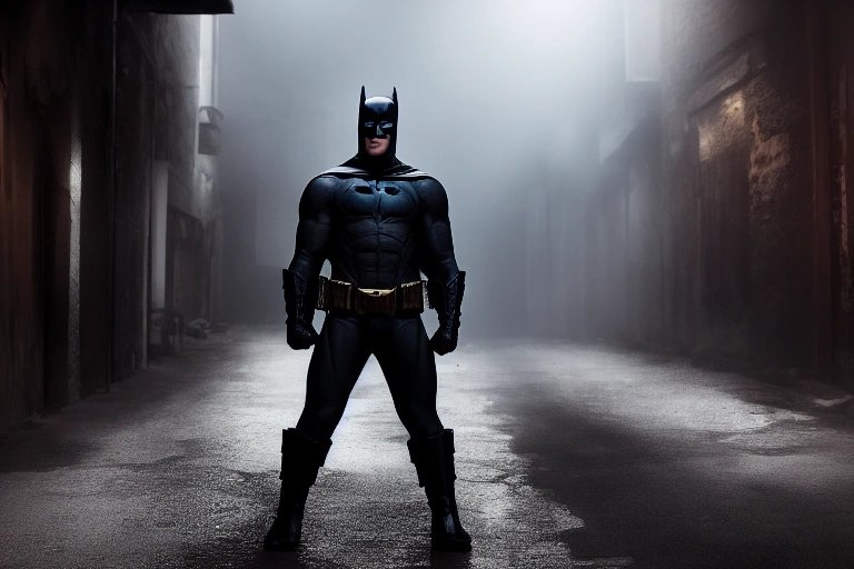 Batman'ın karanlık sokakta gizemli bir figürle karşı karşıya duran, batı simgesi parladığı