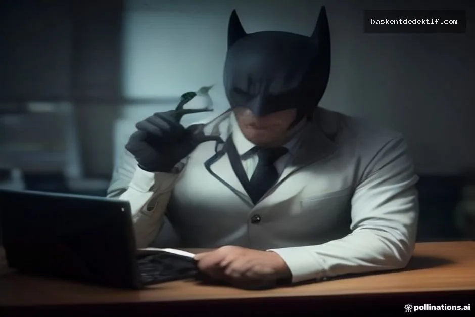 Batman Dedektif: Şehrin Gizli Sırlarını Güvenli ve Etik Yöntemlerle Aydınlatın 3 Batman Özel Dedektif maske ofis ortamında derin ışıkta detektif aletleriyle çalışan duruşu