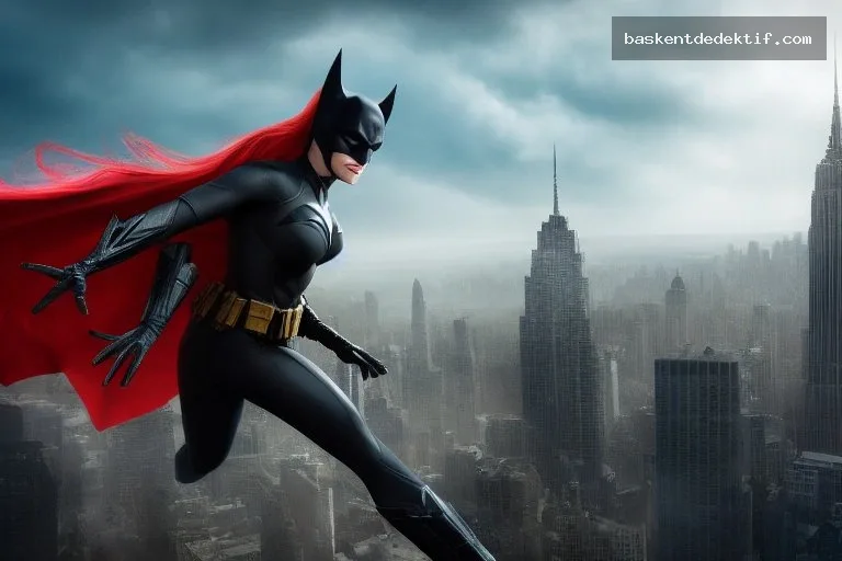 Batman Eş Takibi yapan Batwoman uçuyor, şehir silueti