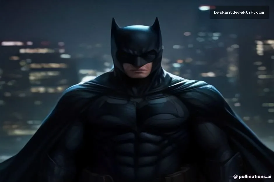 Batman'ın şık siyah kostümü ve dalgalı kaftanıyla Gotham'ın gece şehri üzerindeki dramatik
