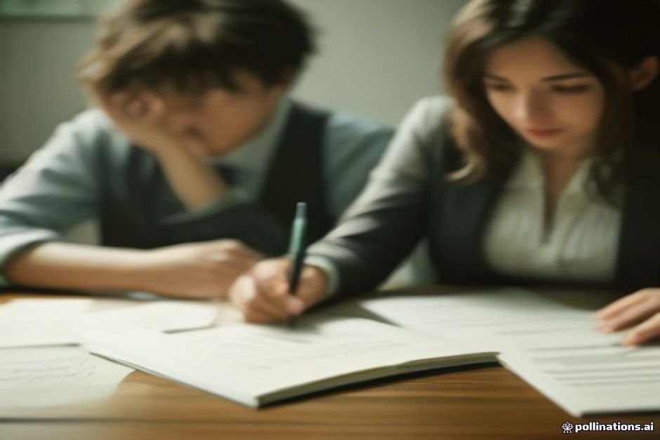 Boşanma davası için masa başında evrak imzalayan gergin çift
