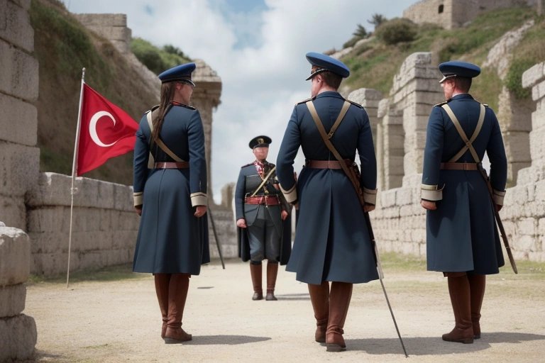 Çanakkale Dedektif: Şehri ve İlişkilerinizi Güvenli Bir Şekilde Keşfedin 3 Çanakkale Savaşı reenactmentinde 1915’ten eski detektif kostümleriyle çizgili pozda Çanakkale’deki tarihi kalıntılar