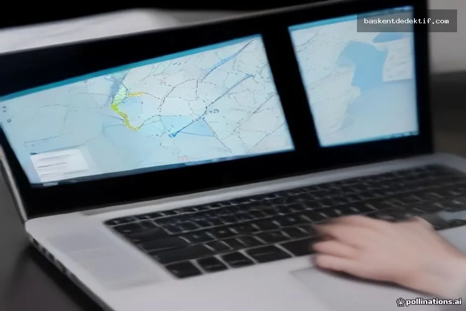 Profesyonel dergi kalitesinde bir detektif adres bulma laptop fotoğrafı, harita ekranıyla