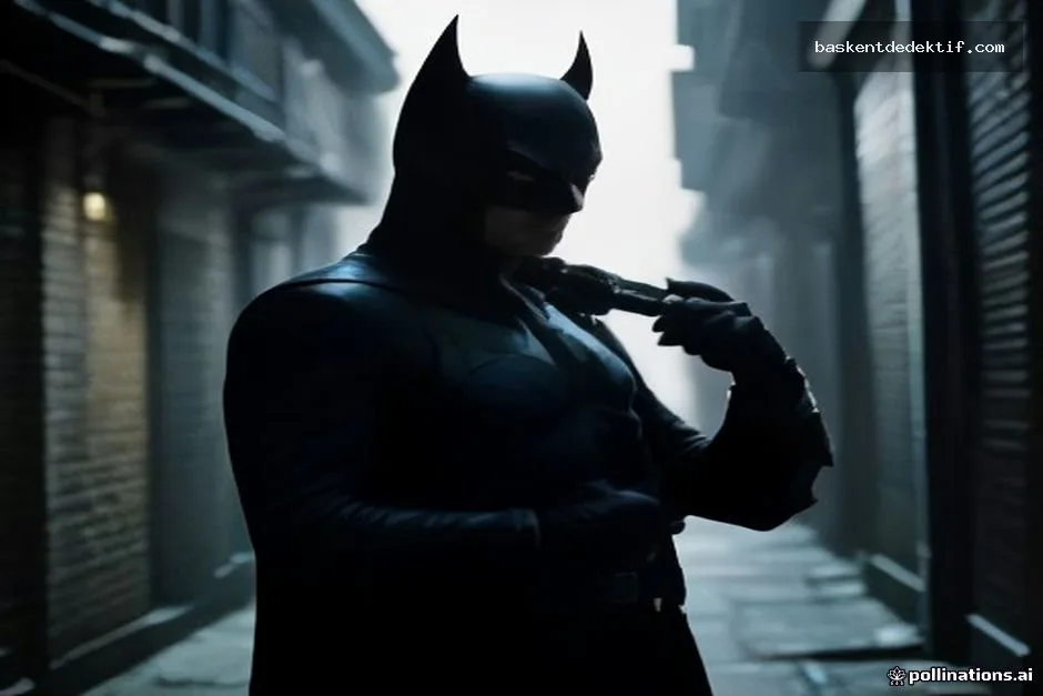 Karanlık bir ara sokakta büyüteçle iz süren Dedektif Batman