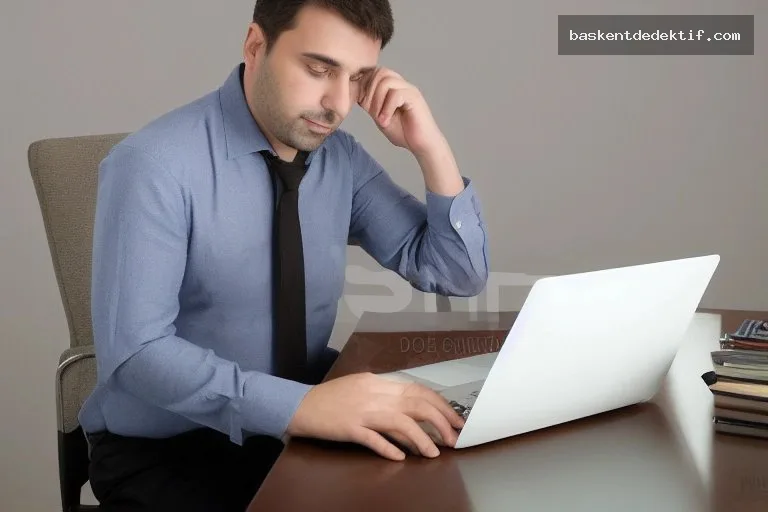 Profesyonel bir Denizli dedektifi, modern ofis ortamında çalışırken dosyaları ve bilgisayarını kullanırken