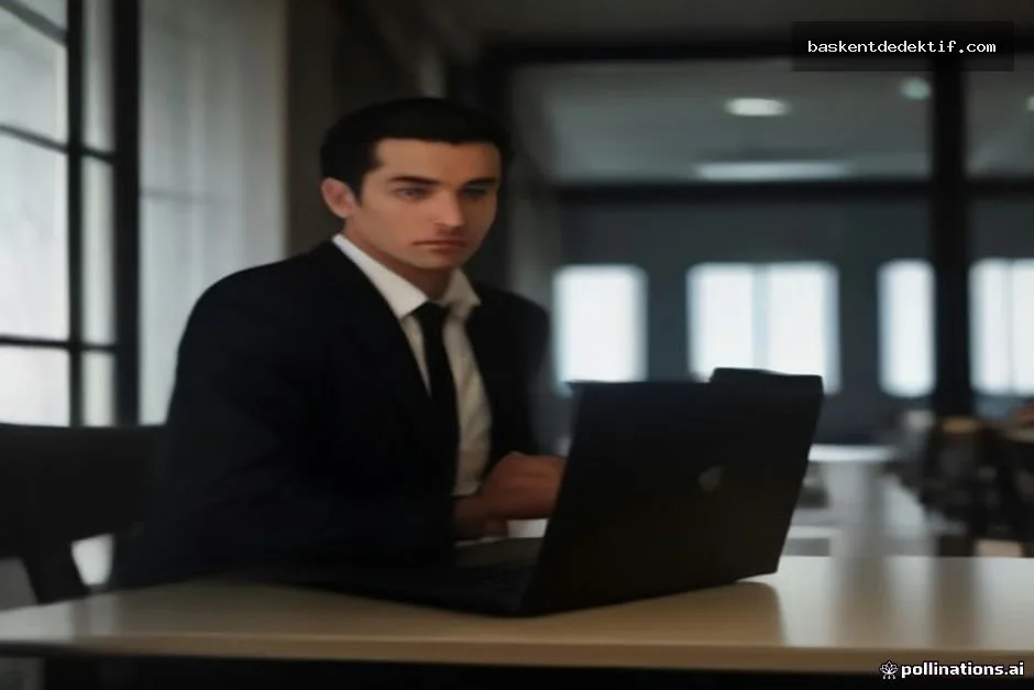 Denizli Özel Dedektif, siyah takımda laptop inceliyor