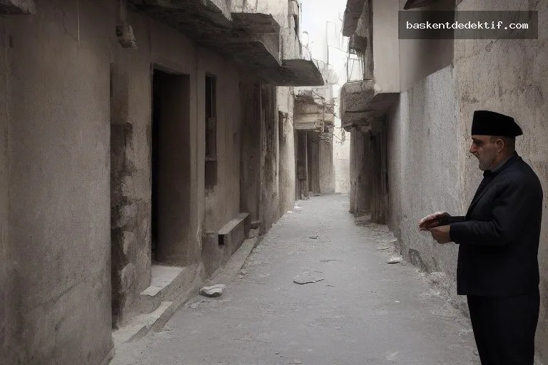 Diyarbakır dedektifi geleneksel kıyafetle gizli belgelerle karanlık bir sokakta inceleme yapıyor