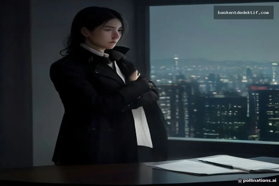 Girne özel dedektif in professional trench coat examining confidential city office documents