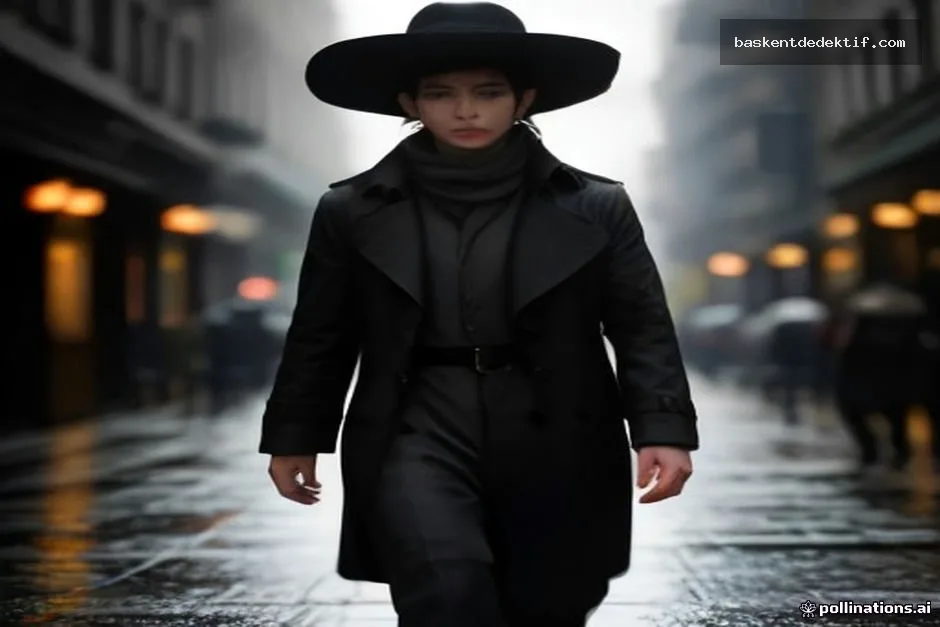 Yağmurlu sokakta trençkot giymiş Dedektif Güngören yürüyüş yapıyor