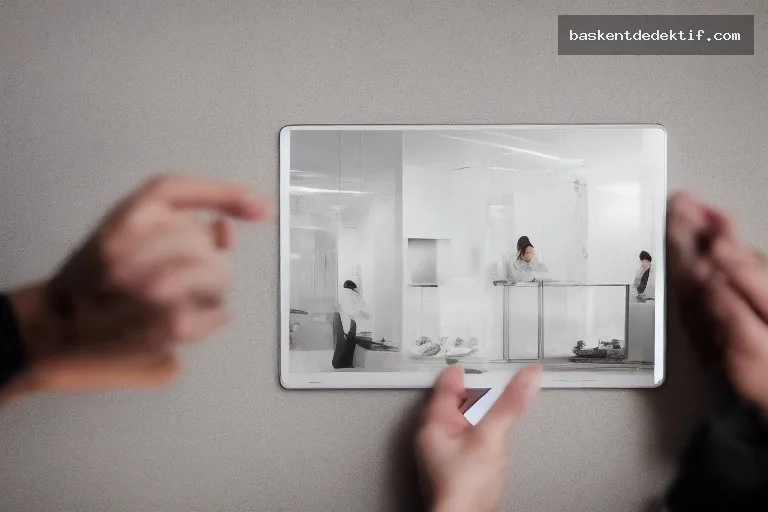 İstanbul'da modern kahve ortamında dedektif bir vakayı çözen elindeki tablet fotoğrafını inceleyen