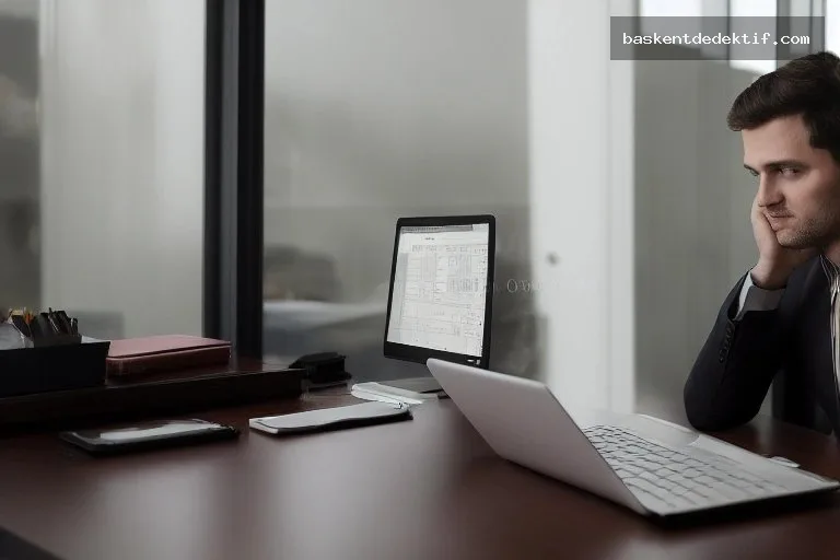 Isparta Özel Dedektif Profesyonel bir dedektif İstanbul'da modern ofisinde çalışırken laptop kullanırken