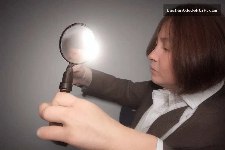 Detektif bir kan izi incelemek için parmak altındaki bir örnekle mikroskop kullanırken