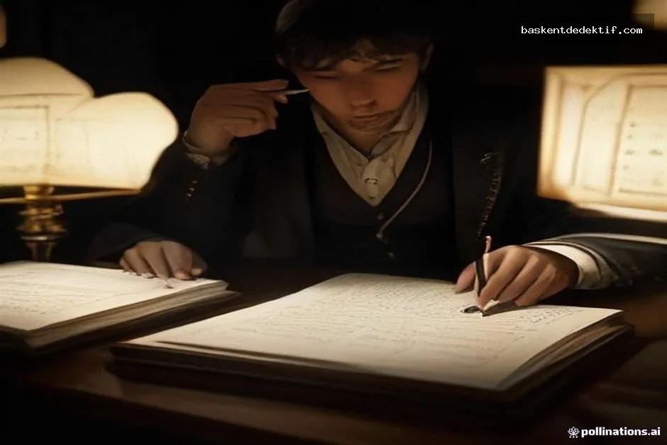 Konya’nın Gizli Gerçeklerini Aydınlatan Selçuklu Dedektif: Şehirde Sırları Keşfedin 2 Ottoman detective in historical costume meticulously examines bloodstained document in Istanbul’s ancient