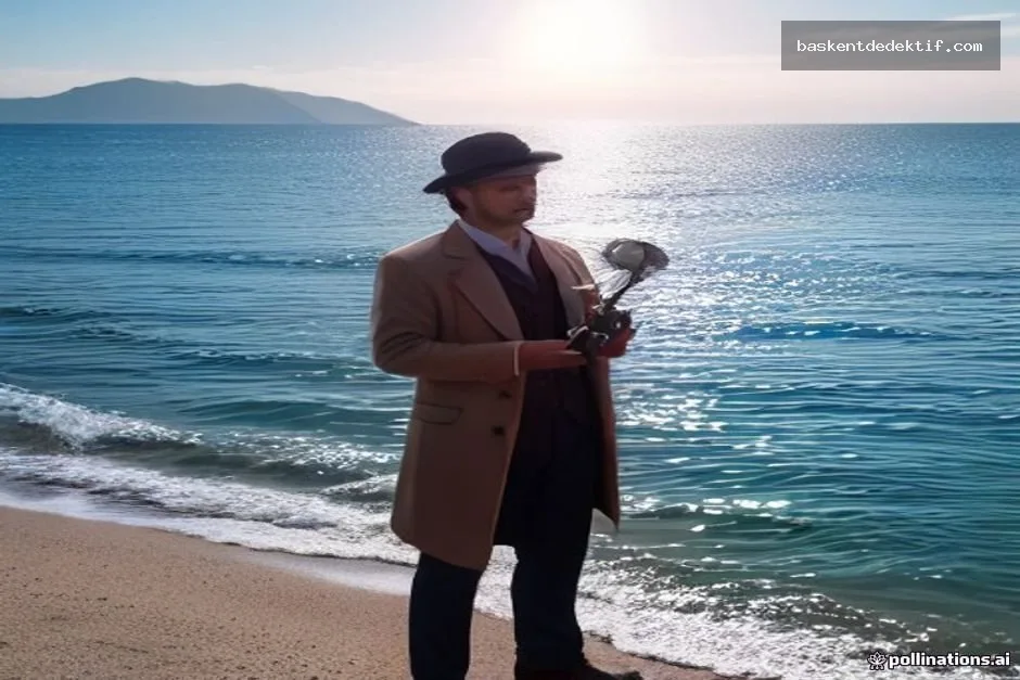 Antalya Konyaaltı sahilinde kıyı şeridine bakarken elinde büyütme çubuklu Türk dedektifi