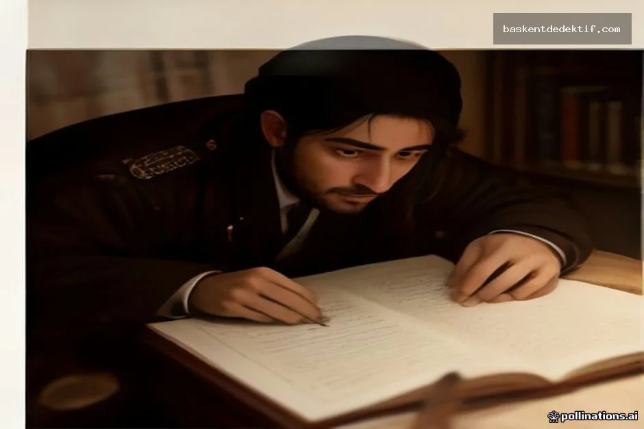 Ottoman era Bursa Orhangazi dedektif in traditional attire closely examining a bloodstained