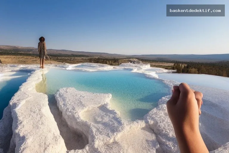 Pamukkale’de detektif tarzı gezginin tarihi haritası ve teraslı kayalıklar önünde keşif deneyi