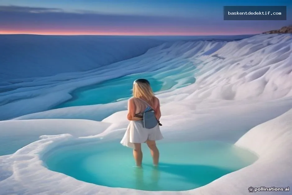 Pamukkale Merkez Dedektif Pamukkale’deki beyaz travertin teraslarında gündoğumu aydınlığında yalnızca gezgin