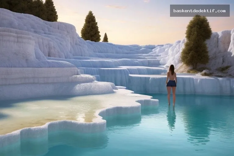 Pamukkale Dedektif Pamukkale’deki turistik teraslı travertin gölü akşam ışığında tek başına gezici