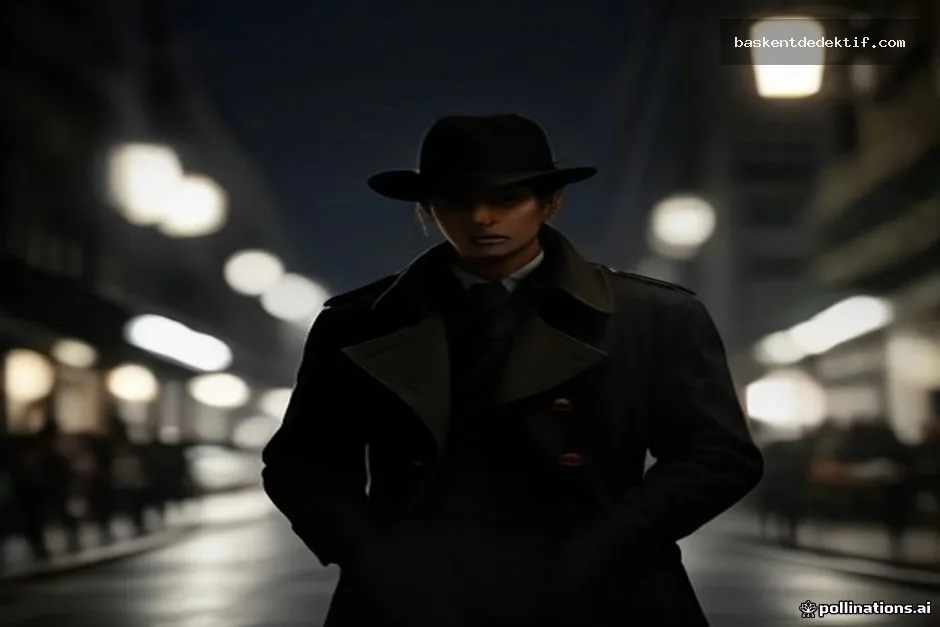 Gece sokak lambası altında duran şık trençkotlu dedektif
