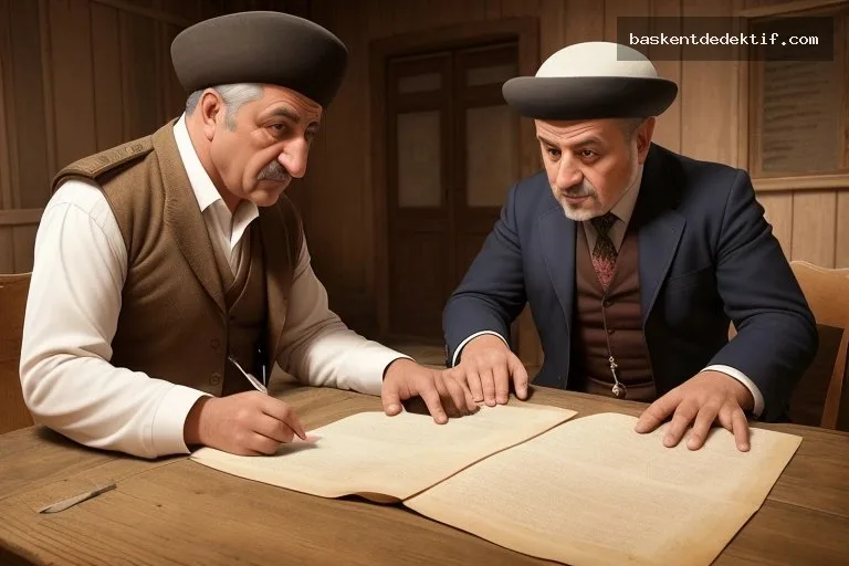 Çorum Sungurlu’nun eski köyünde detektif, kanlı belgeleri inceleyen geleneksel Türk kıyafetli adam