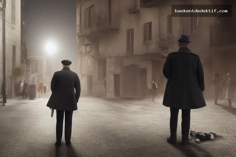 Turgutlu'da geceleyin modern polis stüdyosunda detektif inceleme masasında duran koyu renkli trench